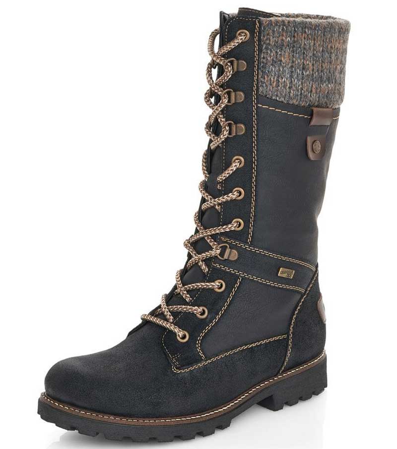 Lace Up Boot with Knitted Cuff - Black