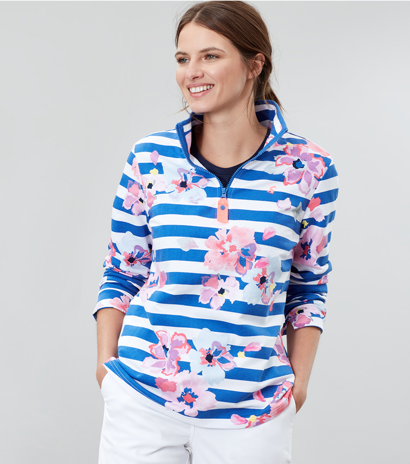 Fairdale Print Zip Neck Top - Blue Stripe Floral