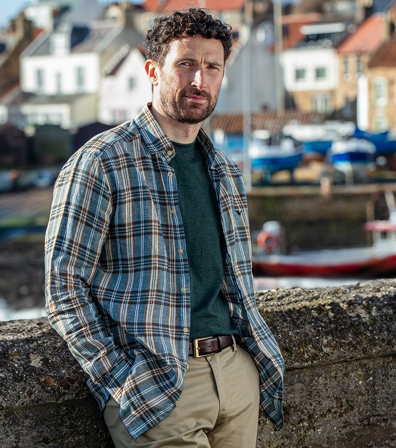 Kingsbarns Pure Linen Shirt - Blue/ Brown Check