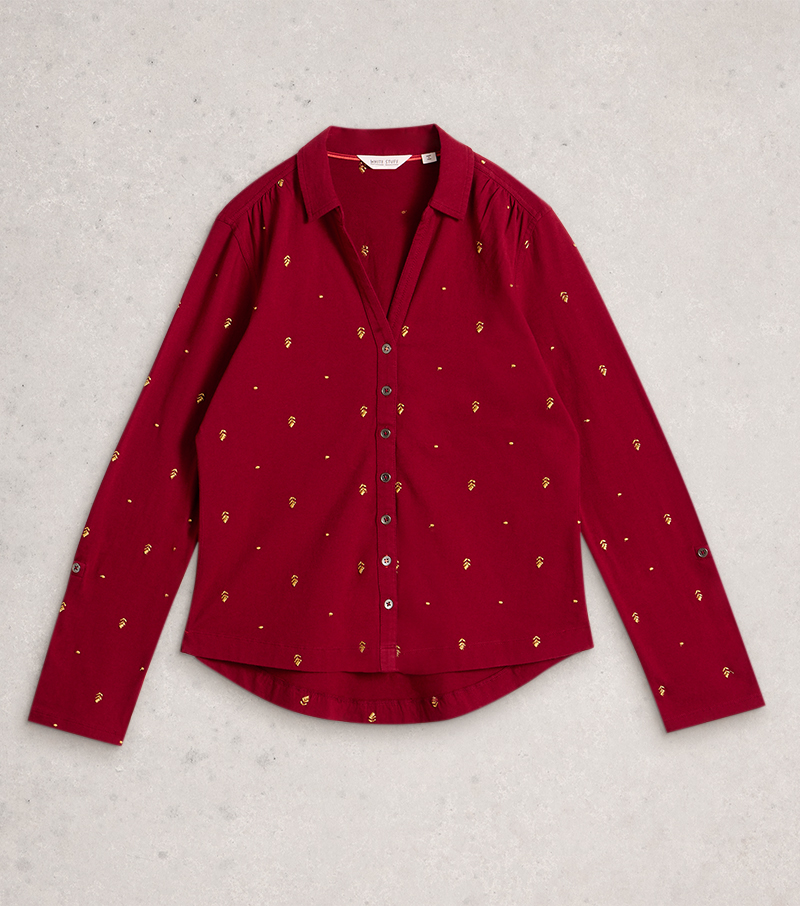 Annie Embroidered Jersey Shirt - Deep Red