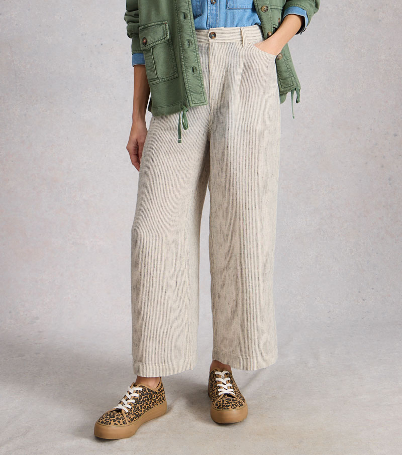 Tia Linen Wide Leg Cropped Trousers - Ivory Multi