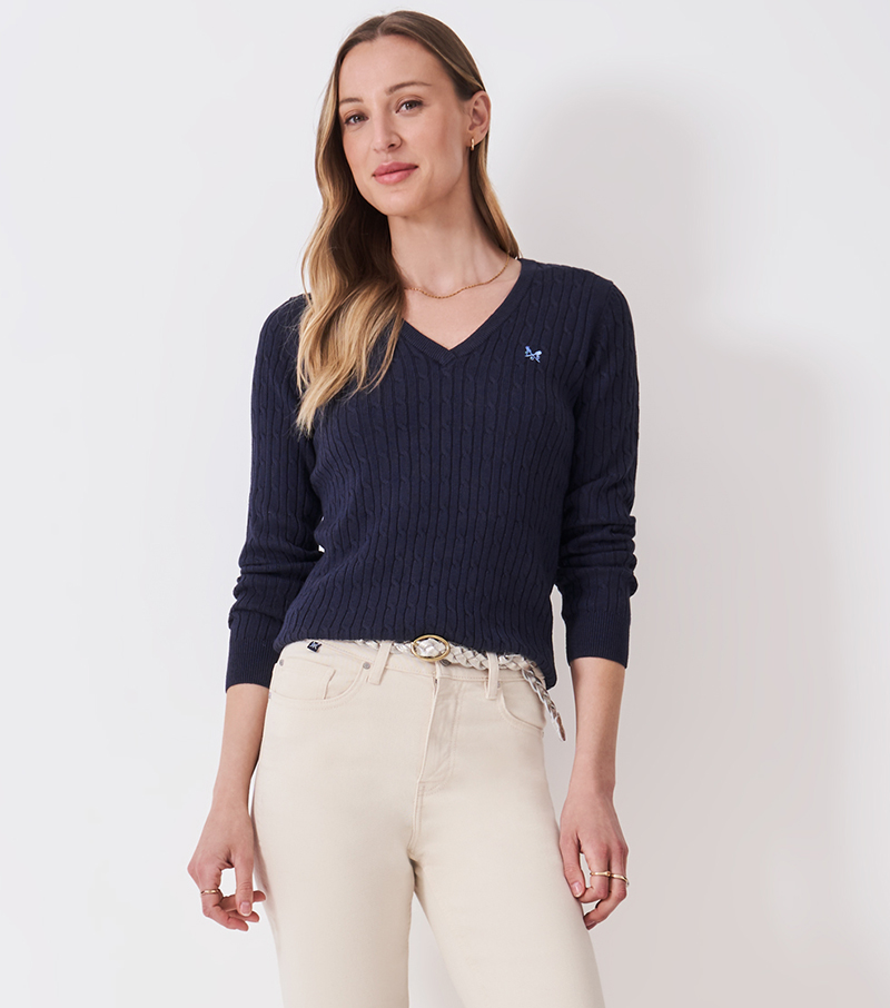 V Neck Heritage Cable Jumper - Heritage Navy