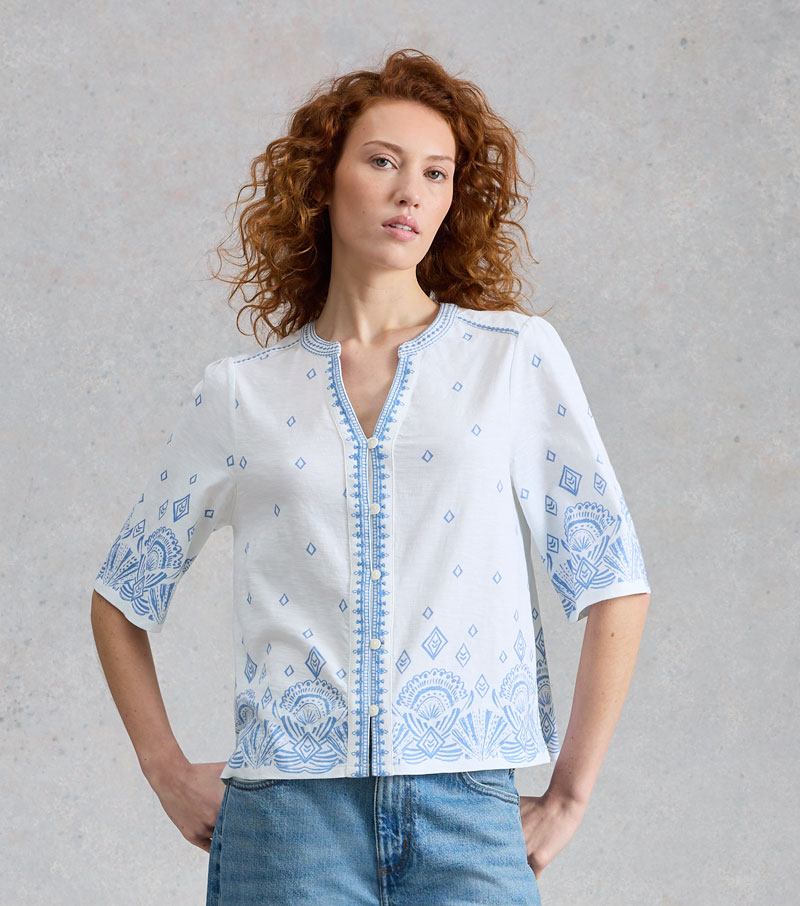 Lizzie Border Embroidered Top - White Print