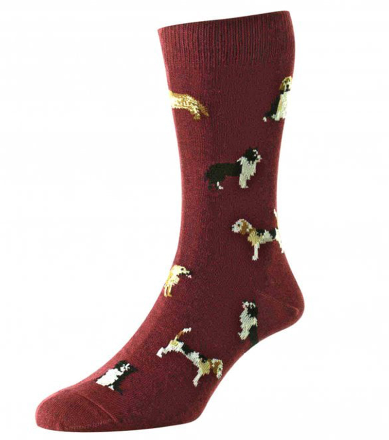 Country Dogs Motif Cotton Socks - Burgundy